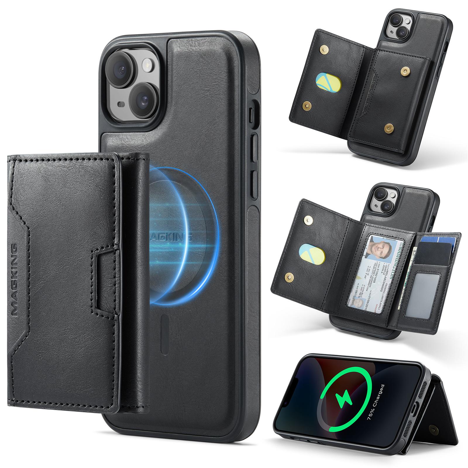 For iPhone 14 Plus MAGKING K4 Series MagSafe RFID Tri-fold Card Bag Detachable Phone Case(Black) - Shopkiz.com