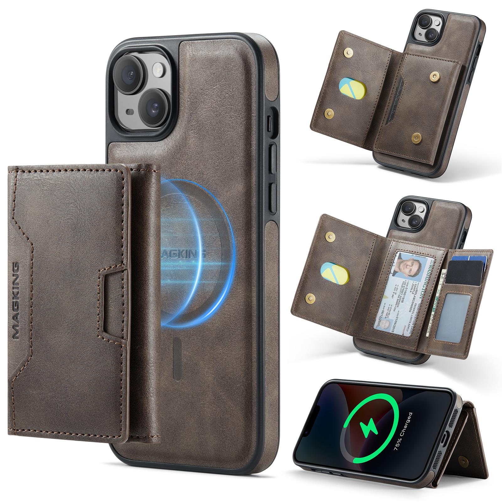 For iPhone 14 Plus MAGKING K4 Series MagSafe RFID Tri-fold Card Bag Detachable Phone Case(Coffee) - Shopkiz.com