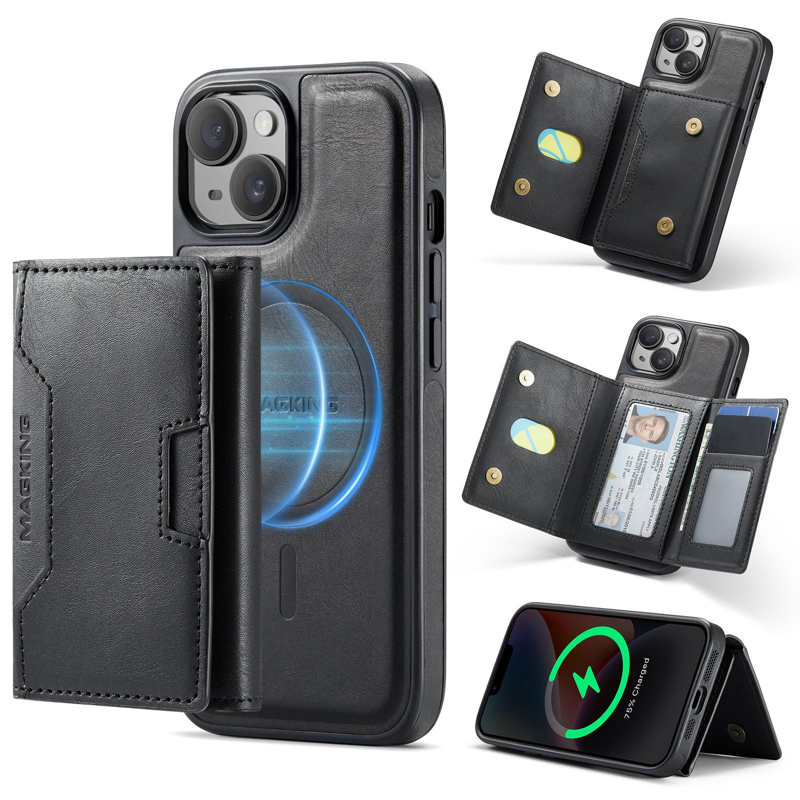 For iPhone 14 MAGKING K4 Series MagSafe RFID Tri-fold Card Bag Detachable Phone Case(Black) - Shopkiz.com