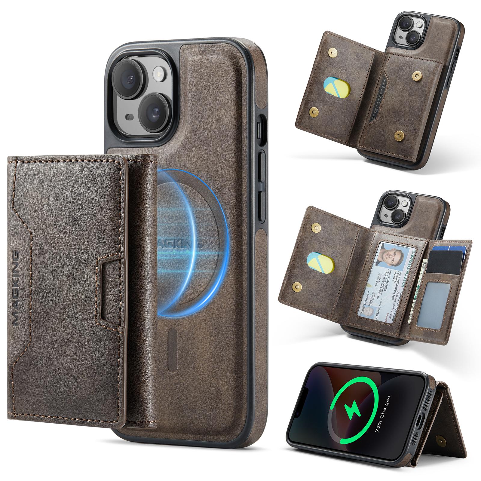 For iPhone 14 MAGKING K4 Series MagSafe RFID Tri-fold Card Bag Detachable Phone Case(Coffee) - Shopkiz.com
