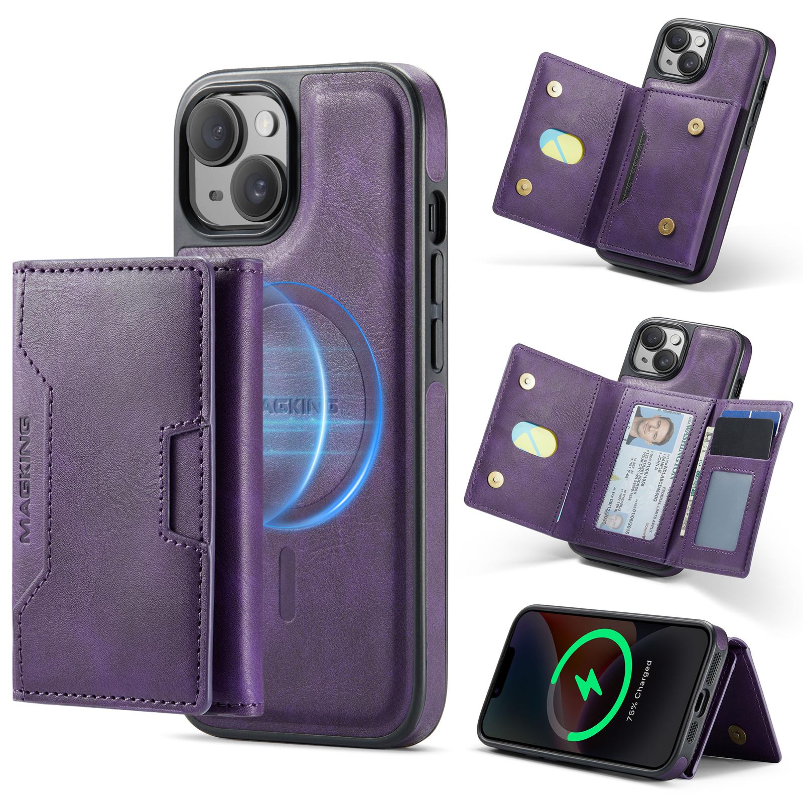 For iPhone 14 MAGKING K4 Series MagSafe RFID Tri-fold Card Bag Detachable Phone Case(Purple) - Shopkiz.com