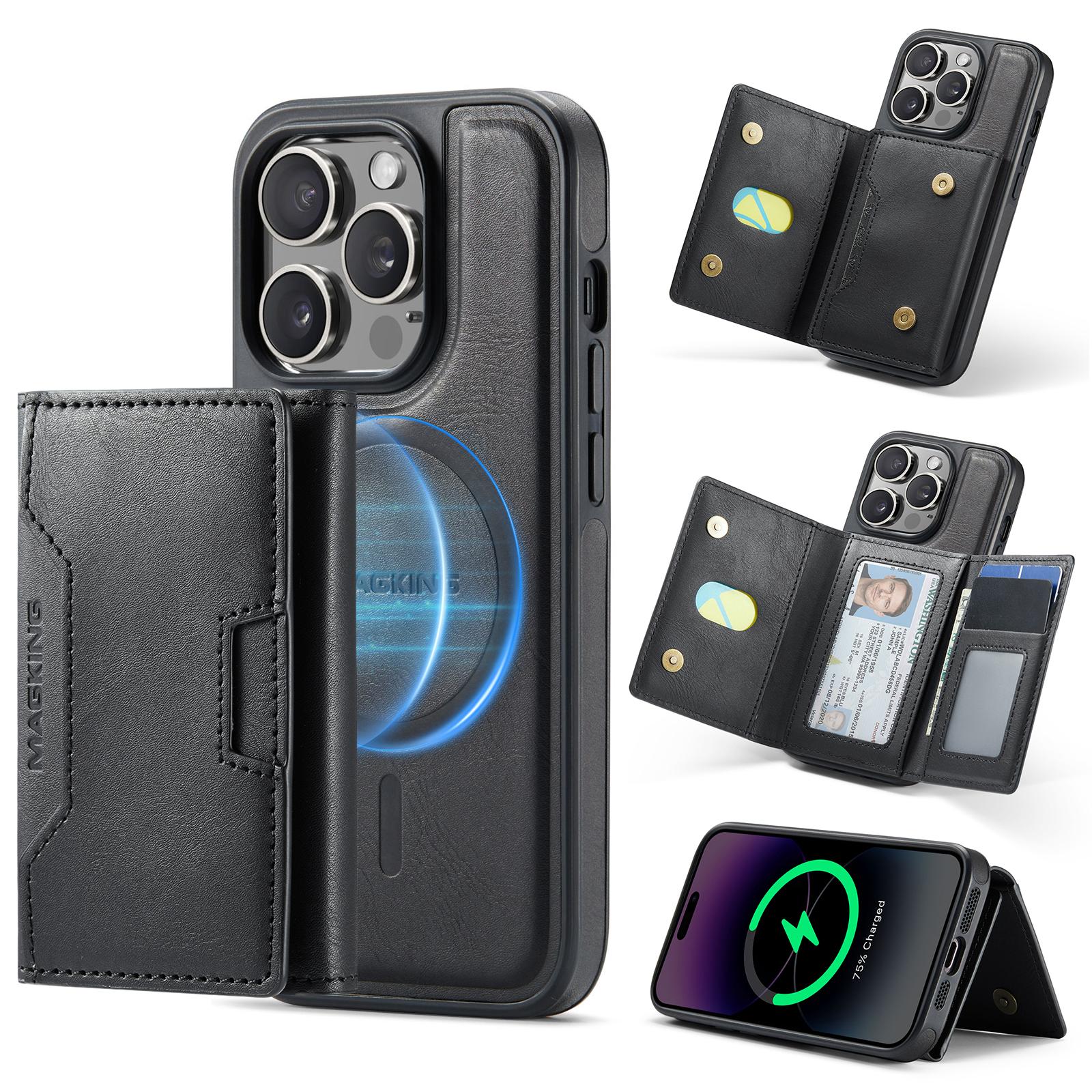 For iPhone 14 Pro MAGKING K4 Series MagSafe RFID Tri-fold Card Bag Detachable Phone Case(Black) - Shopkiz.com