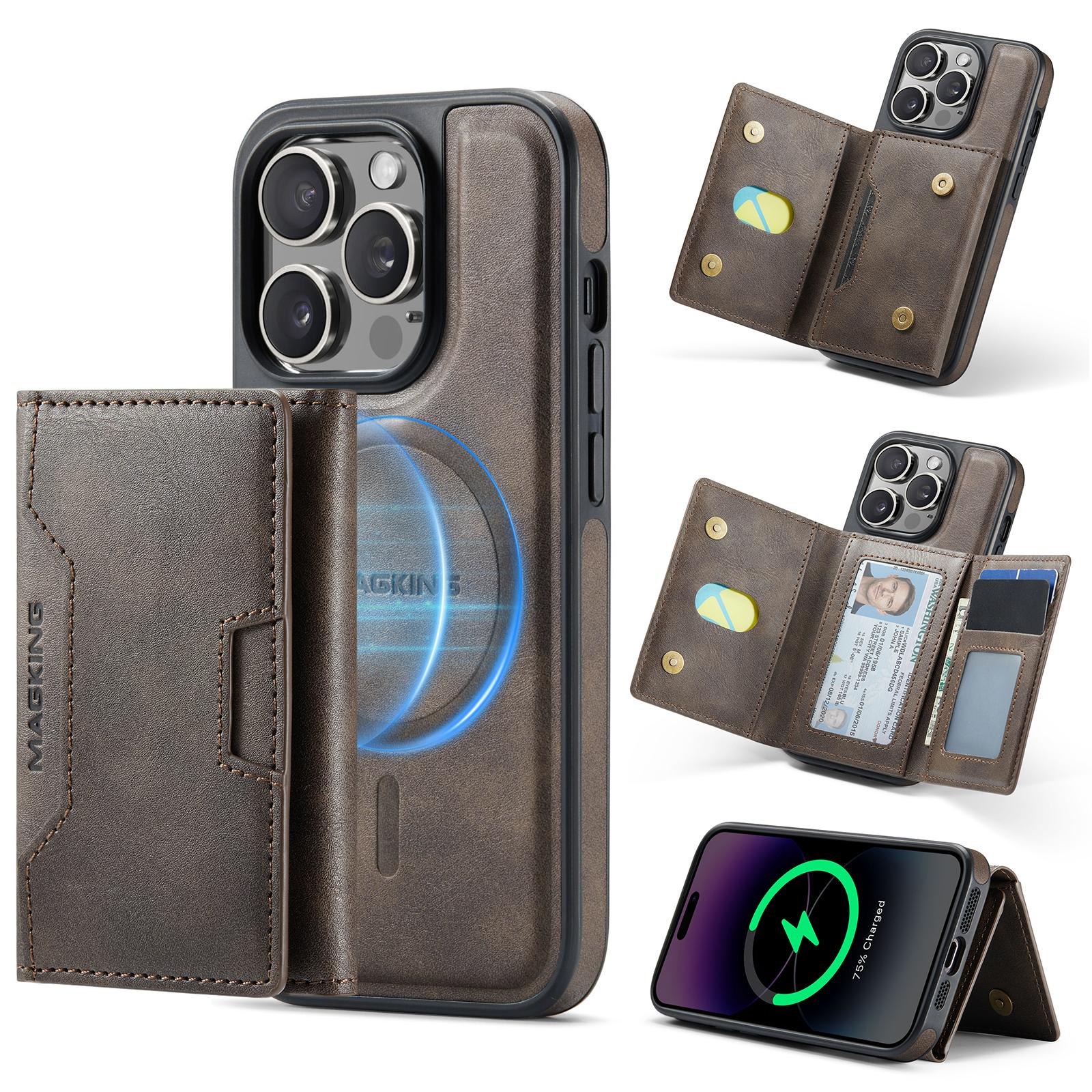 For iPhone 14 Pro MAGKING K4 Series MagSafe RFID Tri-fold Card Bag Detachable Phone Case(Coffee) - Shopkiz.com