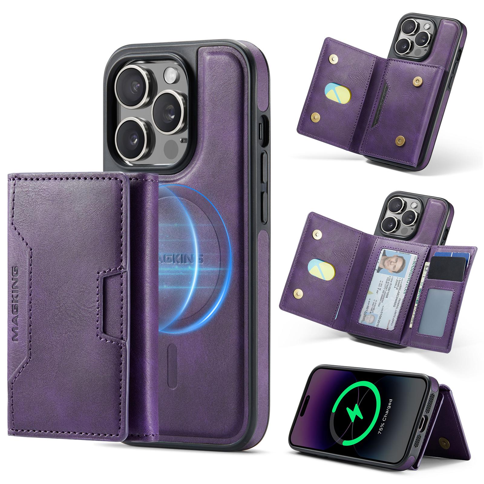 For iPhone 14 Pro MAGKING K4 Series MagSafe RFID Tri-fold Card Bag Detachable Phone Case(Purple) - Shopkiz.com