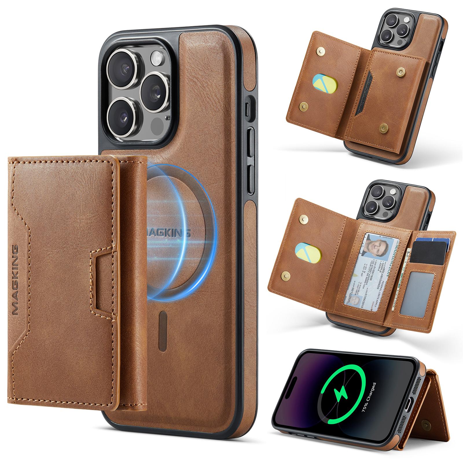 For iPhone 14 Pro Max MAGKING K4 Series MagSafe RFID Tri-fold Card Bag Detachable Phone Case(Brown) - Shopkiz.com