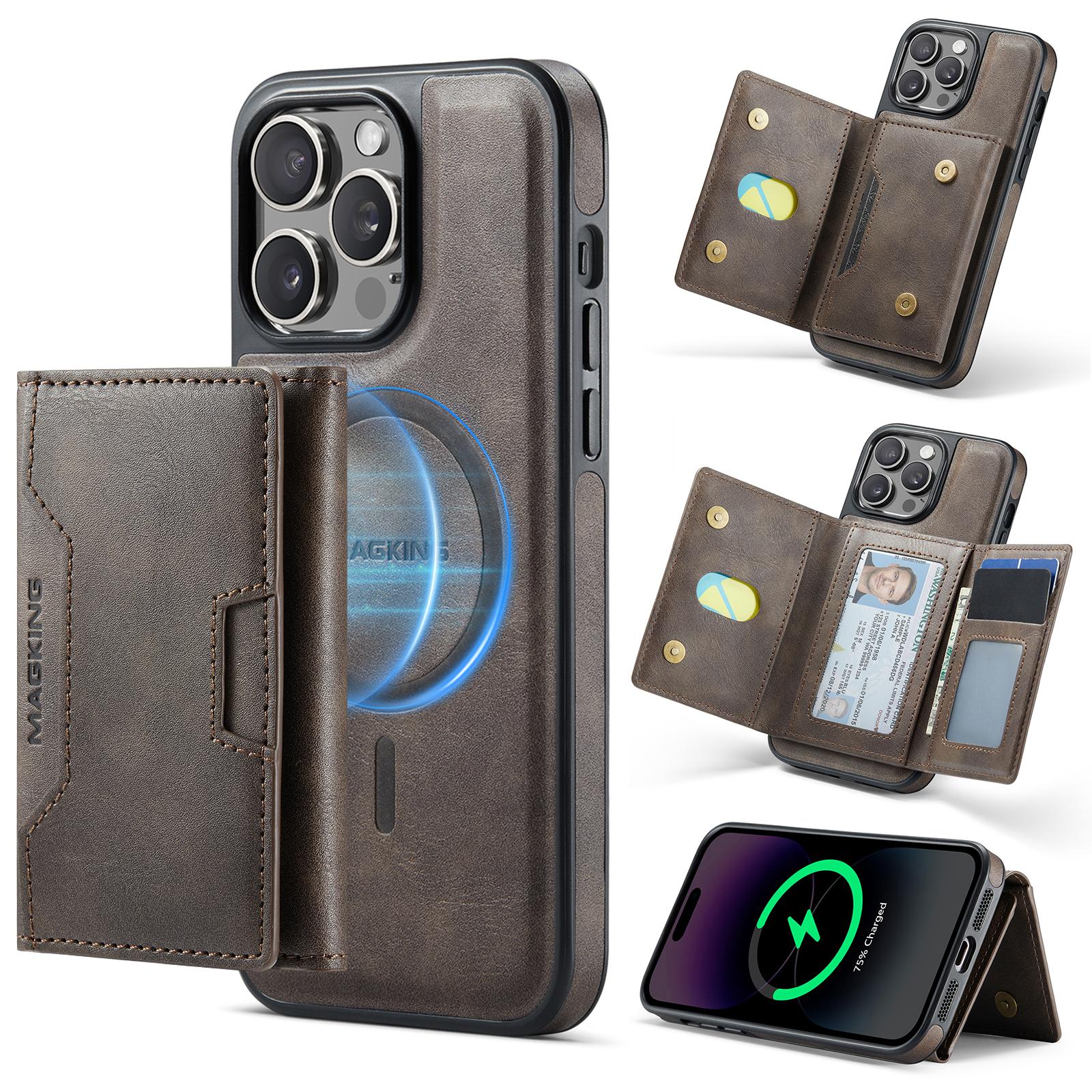 For iPhone 14 Pro Max MAGKING K4 Series MagSafe RFID Tri-fold Card Bag Detachable Phone Case(Coffee) - Shopkiz.com