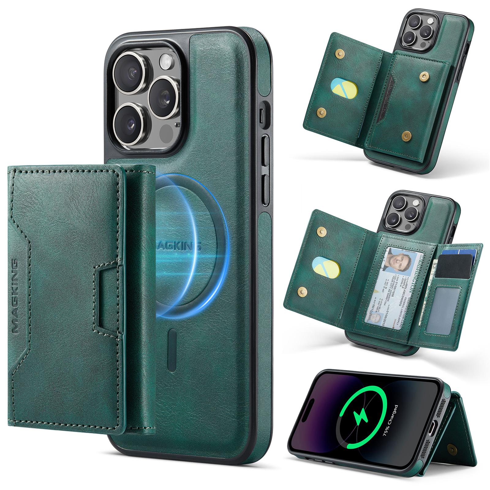 For iPhone 14 Pro Max MAGKING K4 Series MagSafe RFID Tri-fold Card Bag Detachable Phone Case(Green) - Shopkiz.com