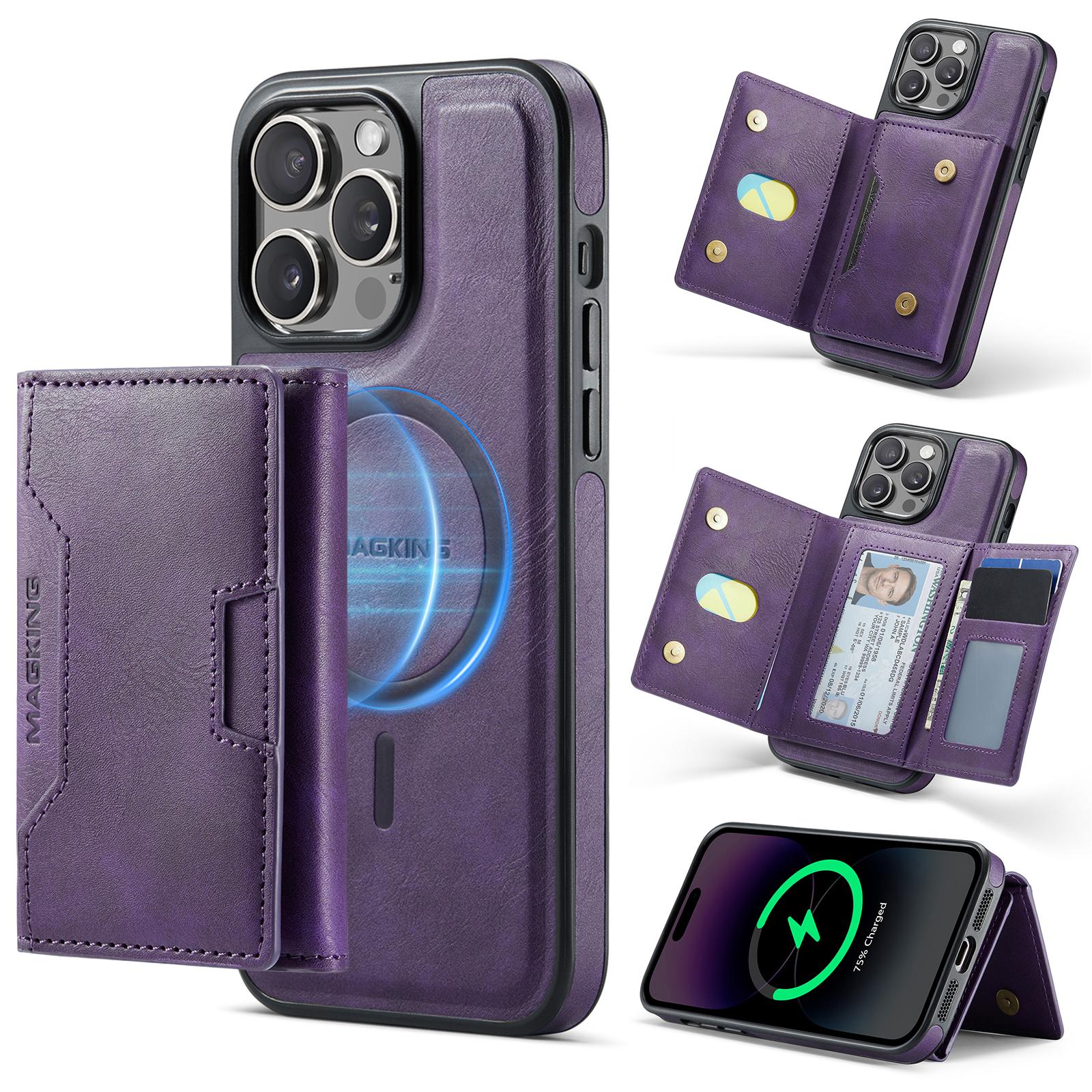 For iPhone 14 Pro Max MAGKING K4 Series MagSafe RFID Tri-fold Card Bag Detachable Phone Case(Purple) - Shopkiz.com
