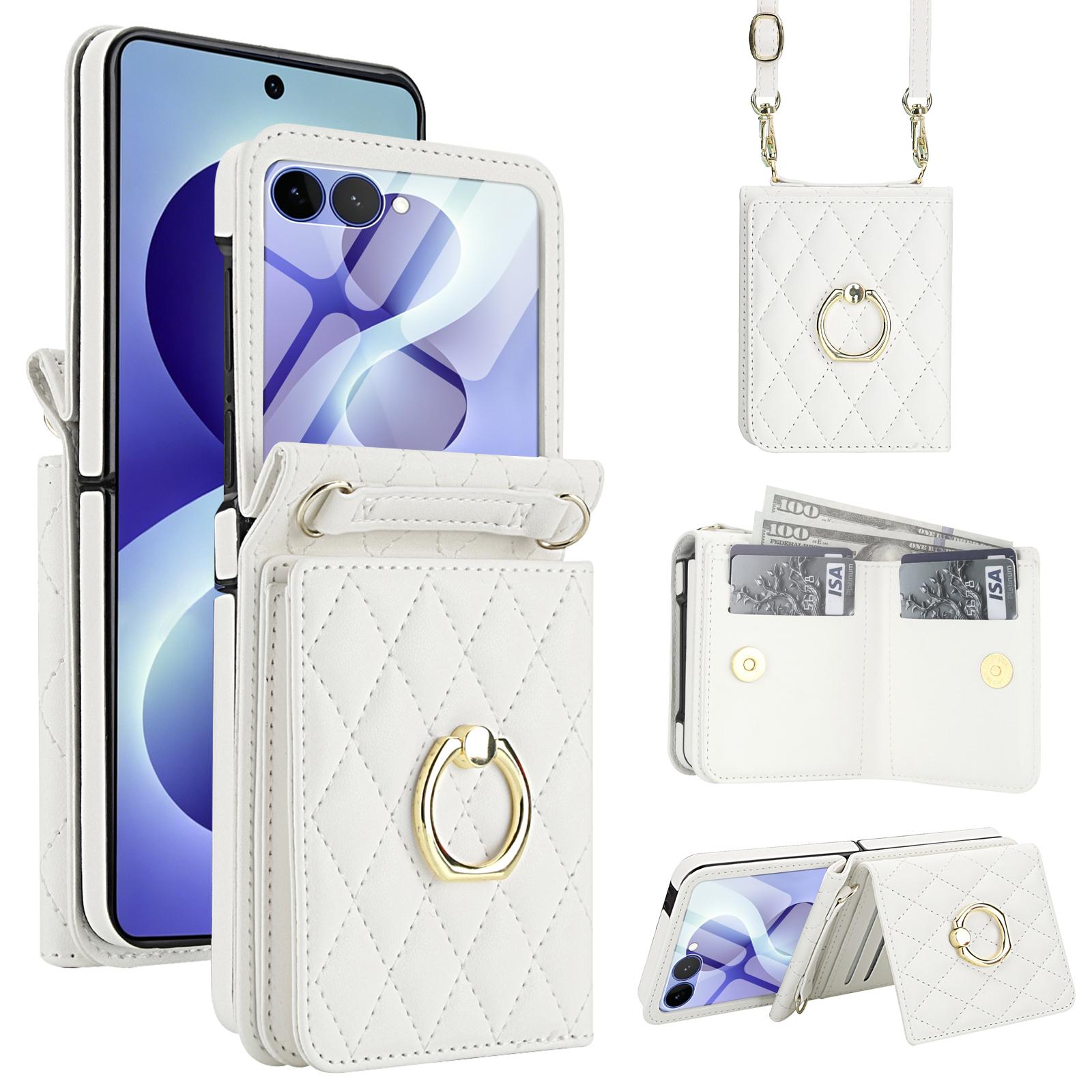 For Galaxy Z Flip8 5G Integrated Rhombic Texture Ring RFID Card Bag Phone Case with Long Lanyard(White) - Shopkiz.com