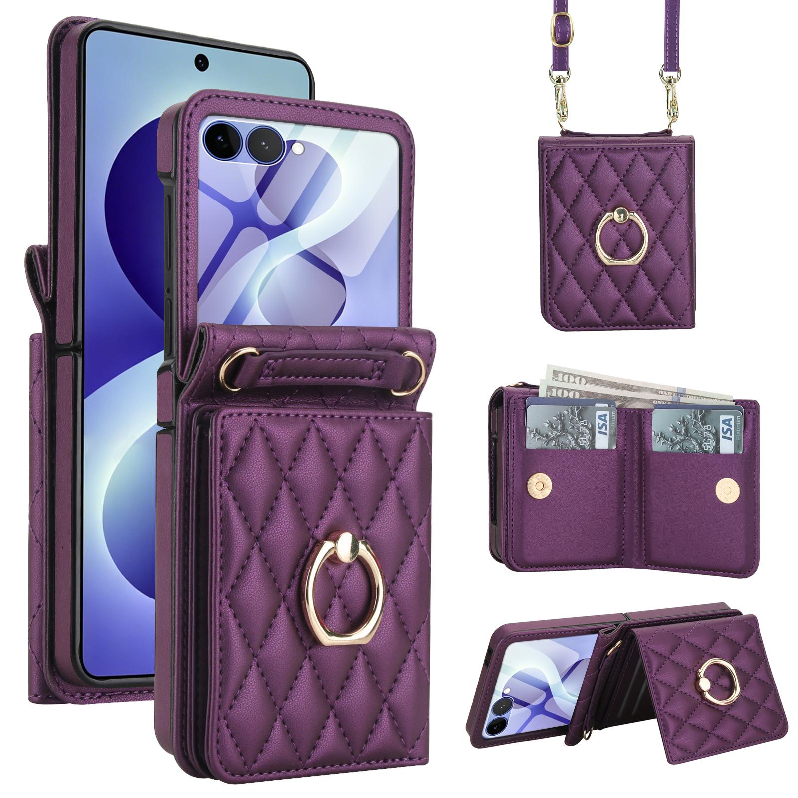 For Galaxy Z Flip8 5G Integrated Rhombic Texture Ring RFID Card Bag Phone Case with Long Lanyard(Dark Purple) - Shopkiz.com