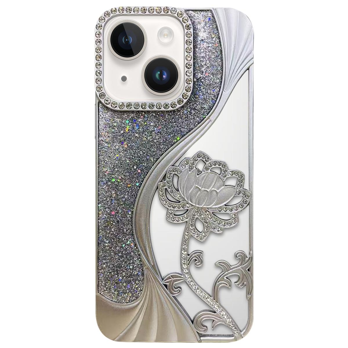 For iPhone 14 Plus Electroplated TPU Lotus Hollow-carved Rhinestone Glitter Phone Case(Silver) - Shopkiz.com