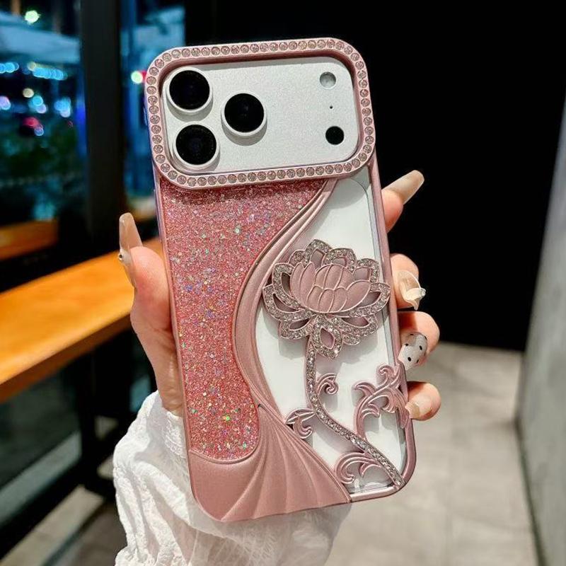 For iPhone 18 Pro Max Electroplated TPU Lotus Hollow-carved Rhinestone Glitter Phone Case(Pink) - Shopkiz.com