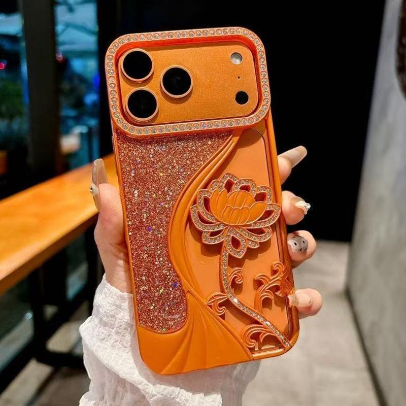 For iPhone 18 Pro Max Electroplated TPU Lotus Hollow-carved Rhinestone Glitter Phone Case(Orange) - Shopkiz.com