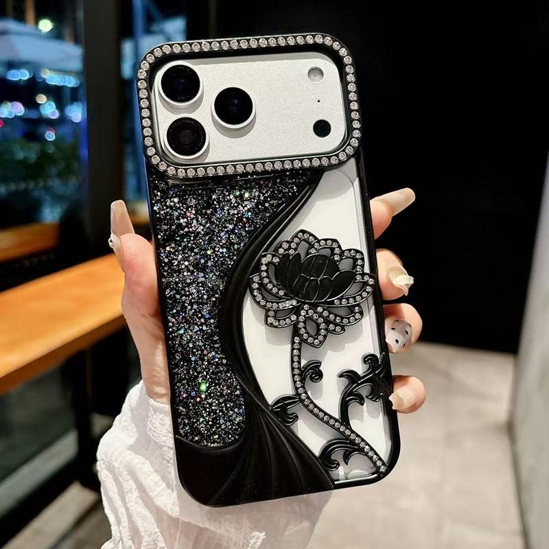 For iPhone 18 Pro Electroplated TPU Lotus Hollow-carved Rhinestone Glitter Phone Case(Black) - Shopkiz.com