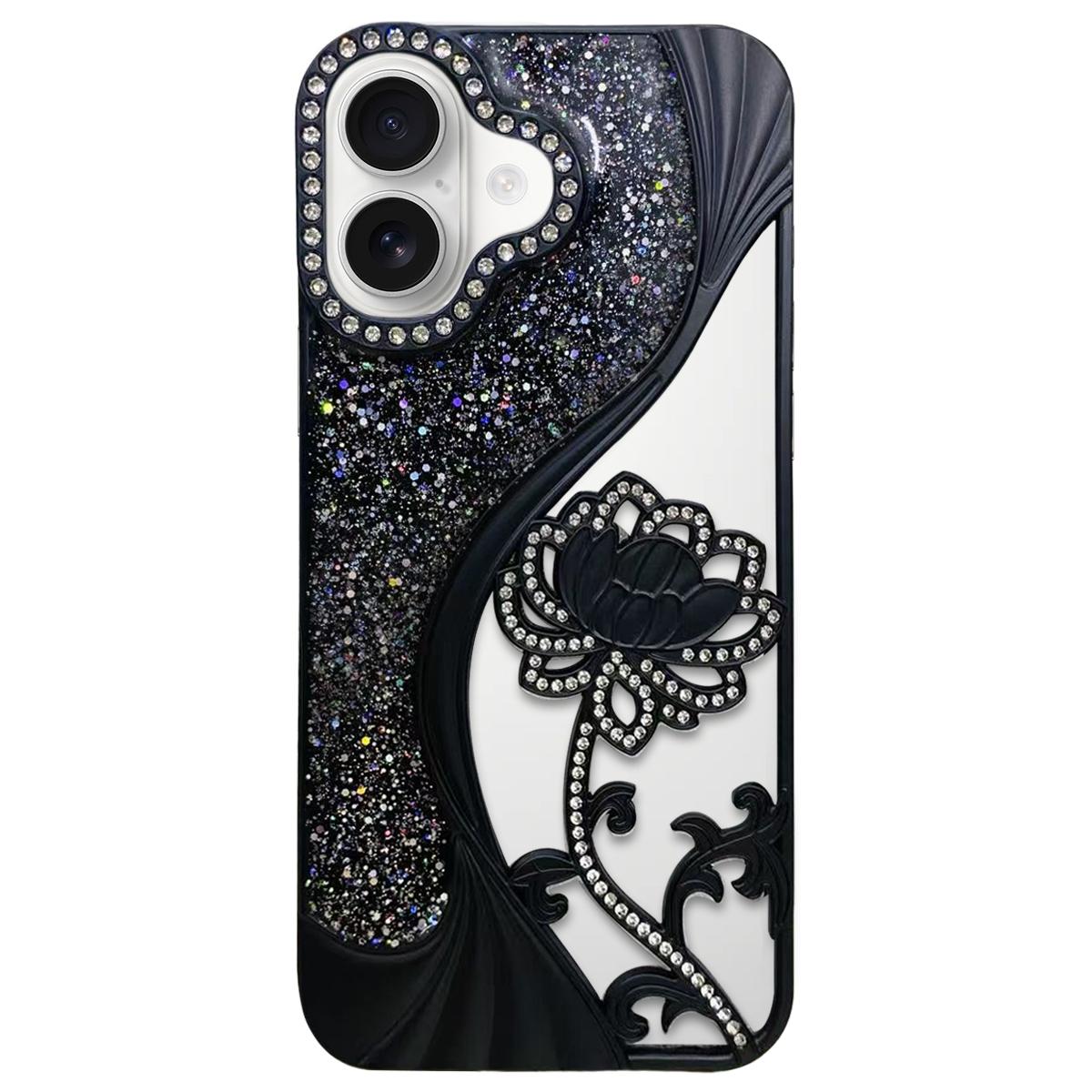 For iPhone 18 Electroplated TPU Lotus Hollow-carved Rhinestone Glitter Phone Case(Black) - Shopkiz.com
