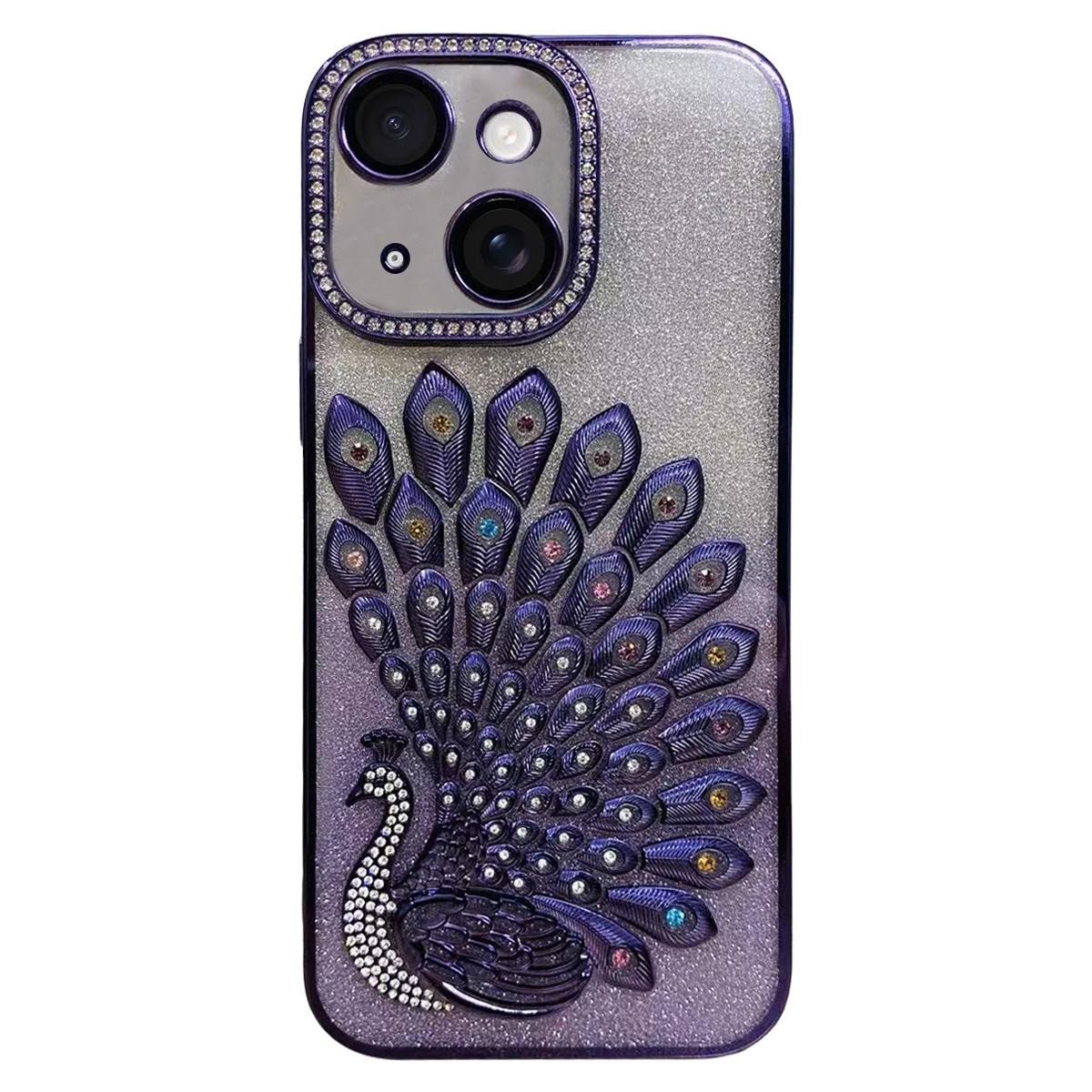 For iPhone 15 Plus Electroplated TPU Peacock Relief Rhinestone Glitter Phone Case with Lens Film(Purple) - Shopkiz.com