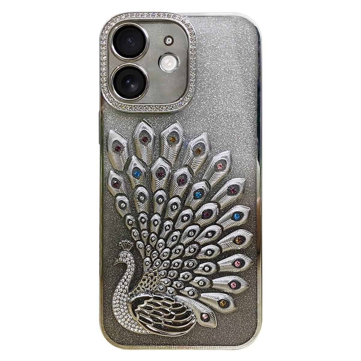 For iPhone 12 Electroplated TPU Peacock Relief Rhinestone Glitter Phone Case with Lens Film(Silver) - Shopkiz.com