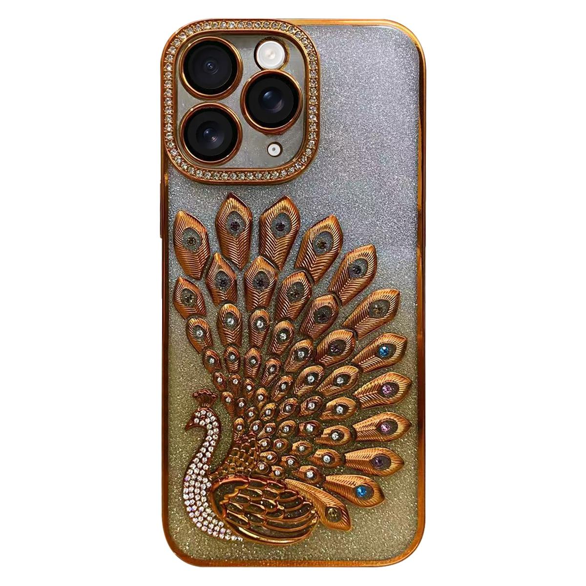 For iPhone 11 Pro Max Electroplated TPU Peacock Relief Rhinestone Glitter Phone Case with Lens Film(Orange) - Shopkiz.com
