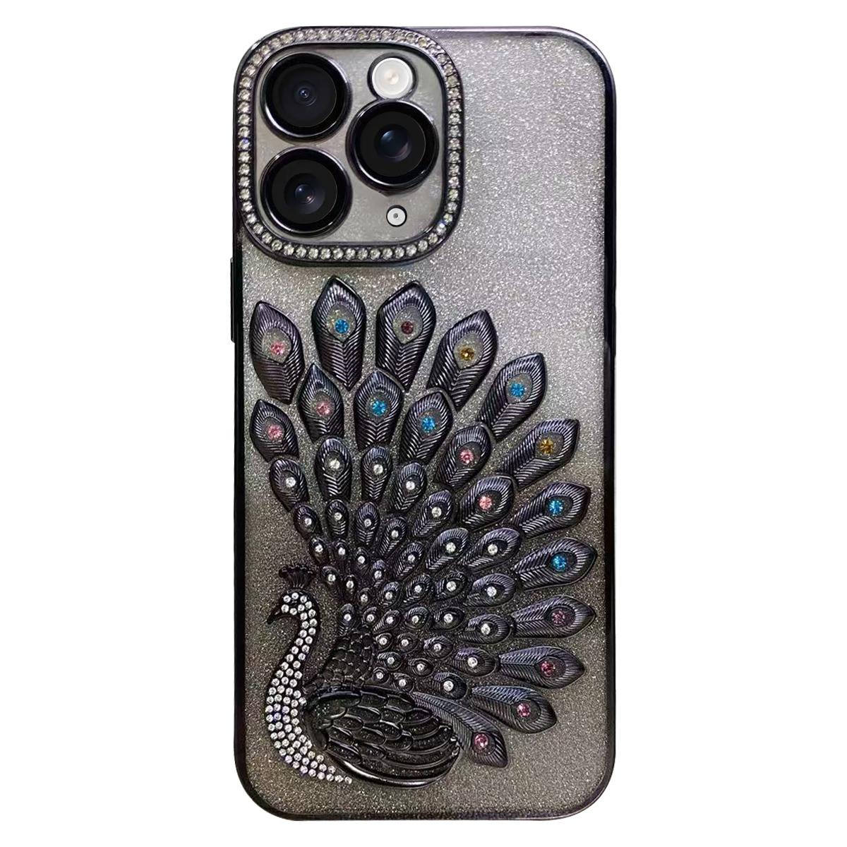 For iPhone 11 Pro Max Electroplated TPU Peacock Relief Rhinestone Glitter Phone Case with Lens Film(Black) - Shopkiz.com