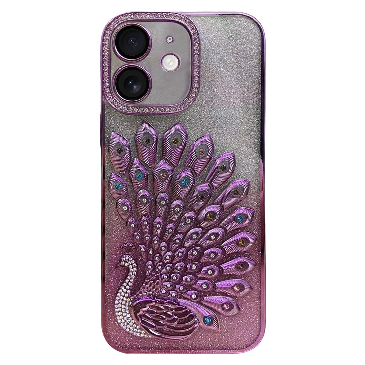 For iPhone 11 Electroplated TPU Peacock Relief Rhinestone Glitter Phone Case with Lens Film(Pink) - Shopkiz.com