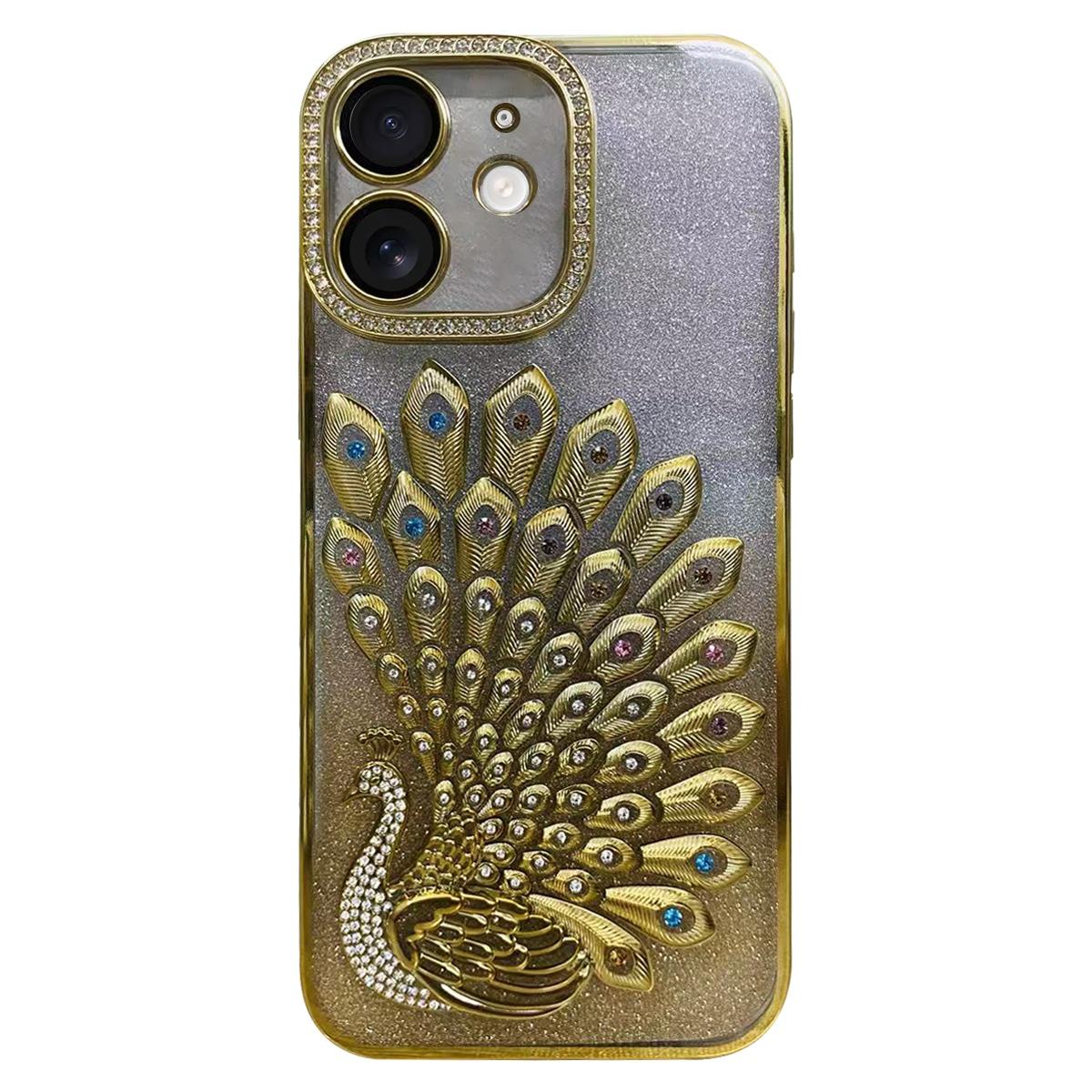 For iPhone 11 Electroplated TPU Peacock Relief Rhinestone Glitter Phone Case with Lens Film(Gold) - Shopkiz.com