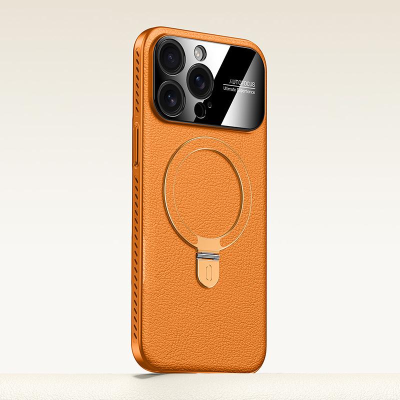 For iPhone 14 Pro Electroplated PC Cooling Leather Holder MagSafe Phone Case(Orange) - Shopkiz.com