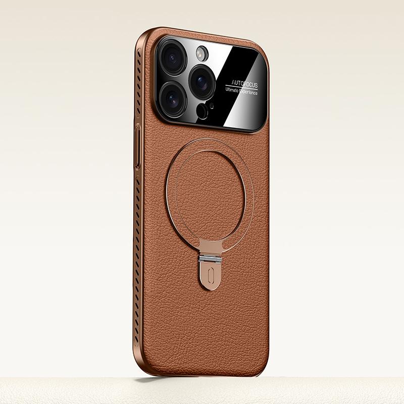 For iPhone 14 Pro Electroplated PC Cooling Leather Holder MagSafe Phone Case(Brown) - Shopkiz.com