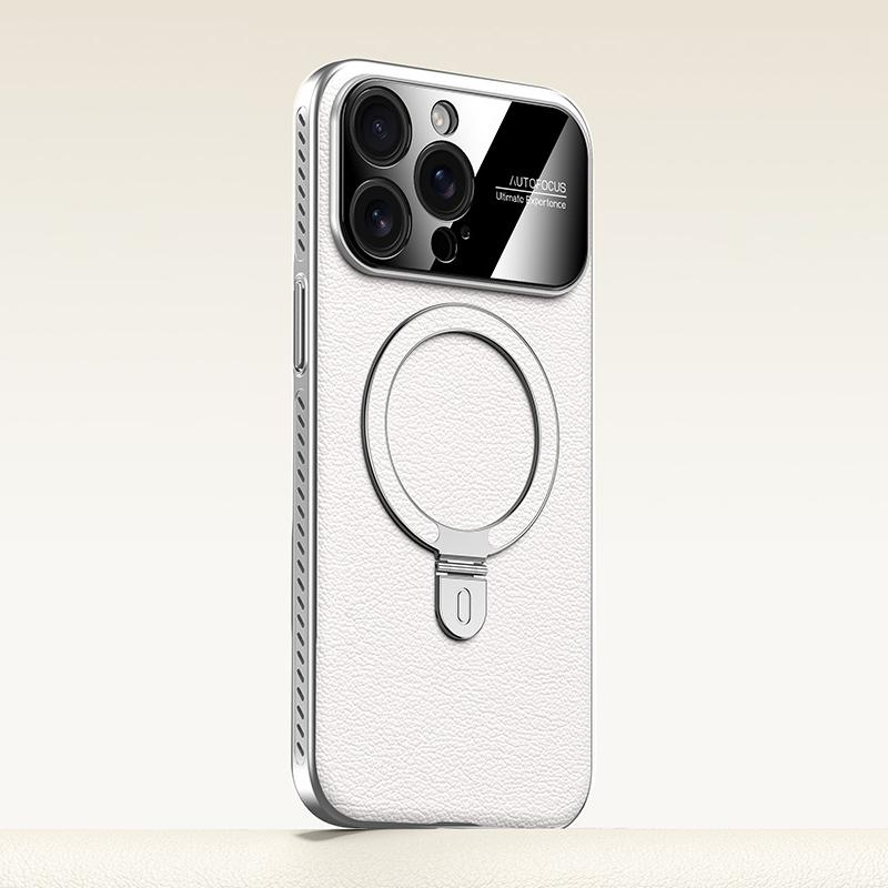 For iPhone 14 Pro Max Electroplated PC Cooling Leather Holder MagSafe Phone Case(White) - Shopkiz.com