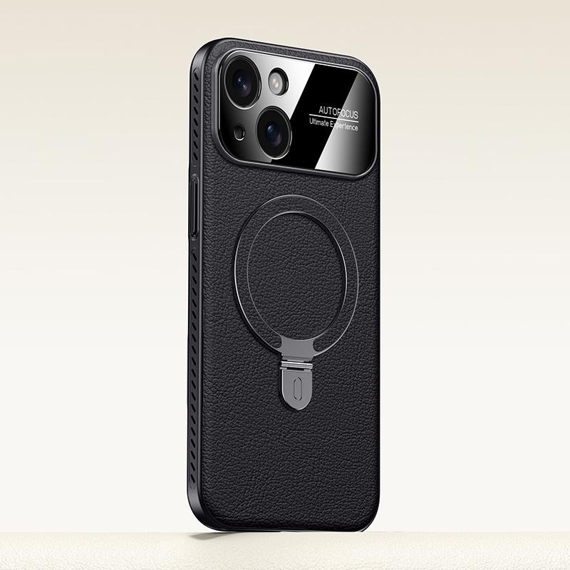 For iPhone 15 Electroplated PC Cooling Leather Holder MagSafe Phone Case(Black) - Shopkiz.com