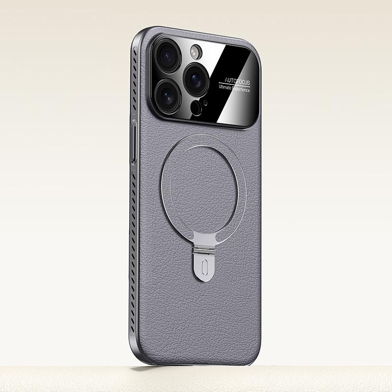 For iPhone 15 Pro Electroplated PC Cooling Leather Holder MagSafe Phone Case(Grey) - Shopkiz.com