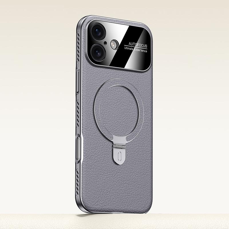 For iPhone 16 Electroplated PC Cooling Leather Holder MagSafe Phone Case(Grey) - Shopkiz.com
