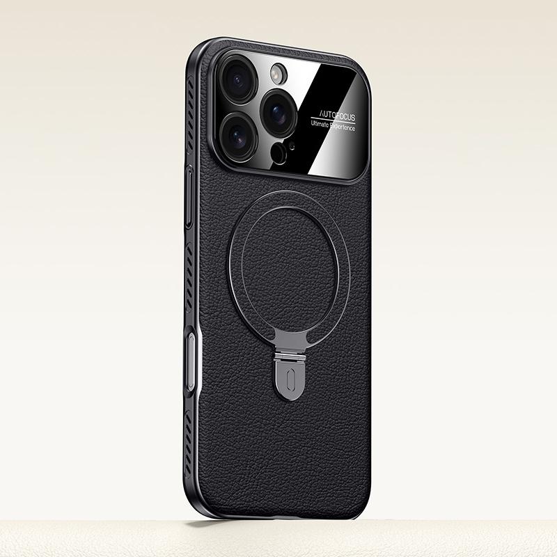 For iPhone 16 Pro Max Electroplated PC Cooling Leather Holder MagSafe Phone Case(Black) - Shopkiz.com