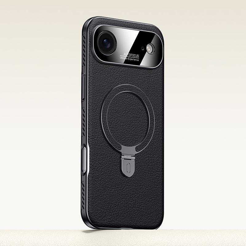 For iPhone Air Electroplated PC Cooling Leather Holder MagSafe Phone Case(Black) - Shopkiz.com