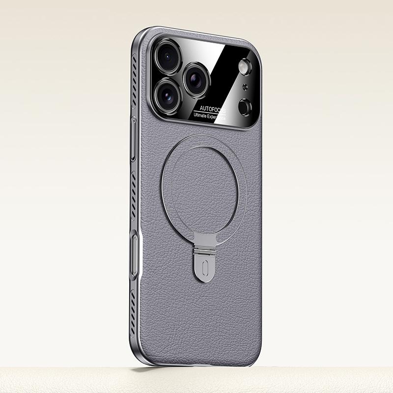 For iPhone 17 Pro Max Electroplated PC Cooling Leather Holder MagSafe Phone Case(Grey) - Shopkiz.com
