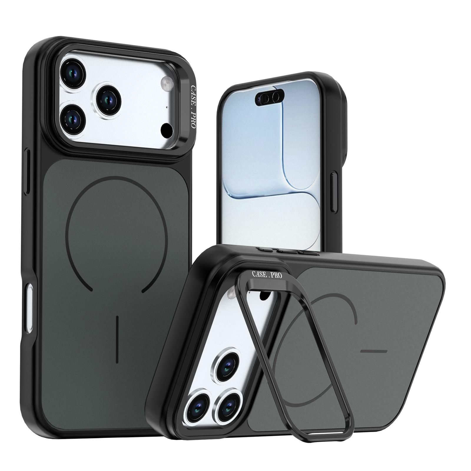 For iPhone 18 Pro Max Bright Color Contrast Skin-feel Camera Bracket Magsafe Phone Case(Black) - Shopkiz.com