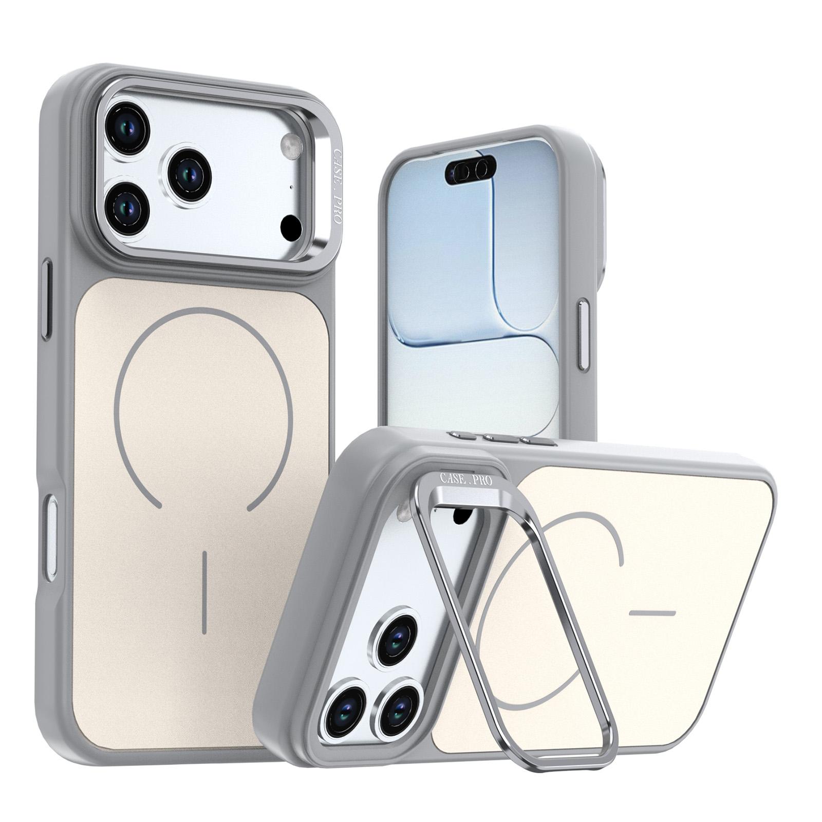 For iPhone 18 Pro Max Bright Color Contrast Skin-feel Camera Bracket Magsafe Phone Case(Grey) - Shopkiz.com
