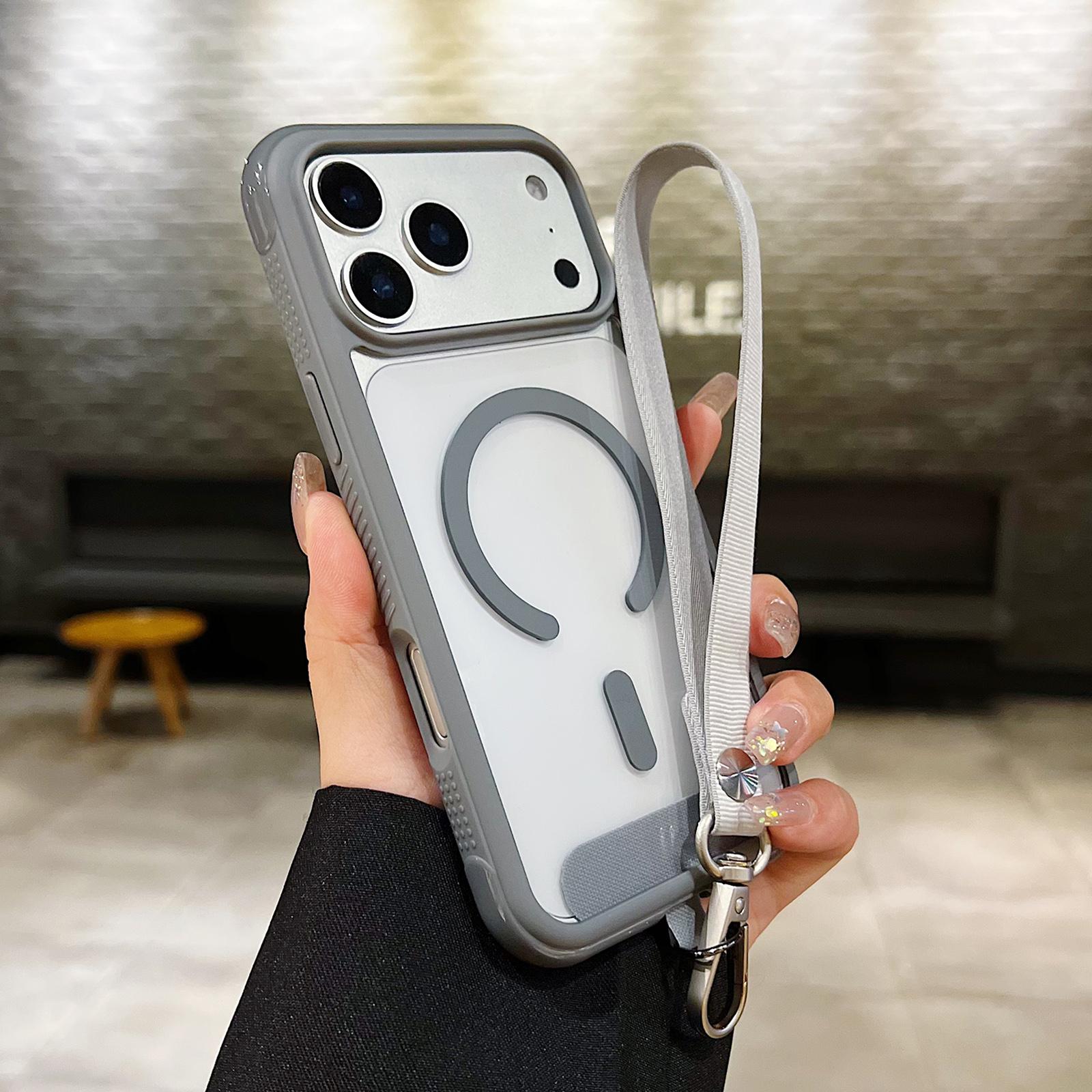 For iPhone 17 Pro Max Solid Color Edge Transparency MagSafe Magnetic Phone Case with Wrist Strap(Grey) - Shopkiz.com