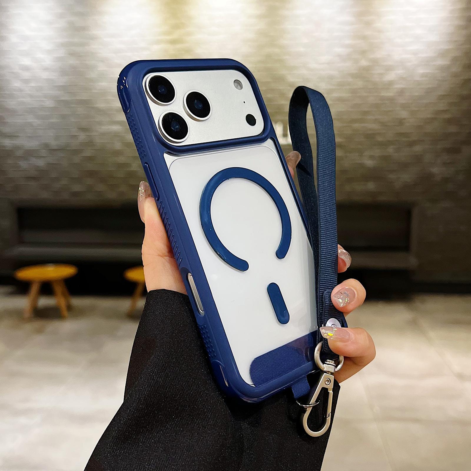 For iPhone 17 Pro Max Solid Color Edge Transparency MagSafe Magnetic Phone Case with Wrist Strap(Royal Blue) - Shopkiz.com