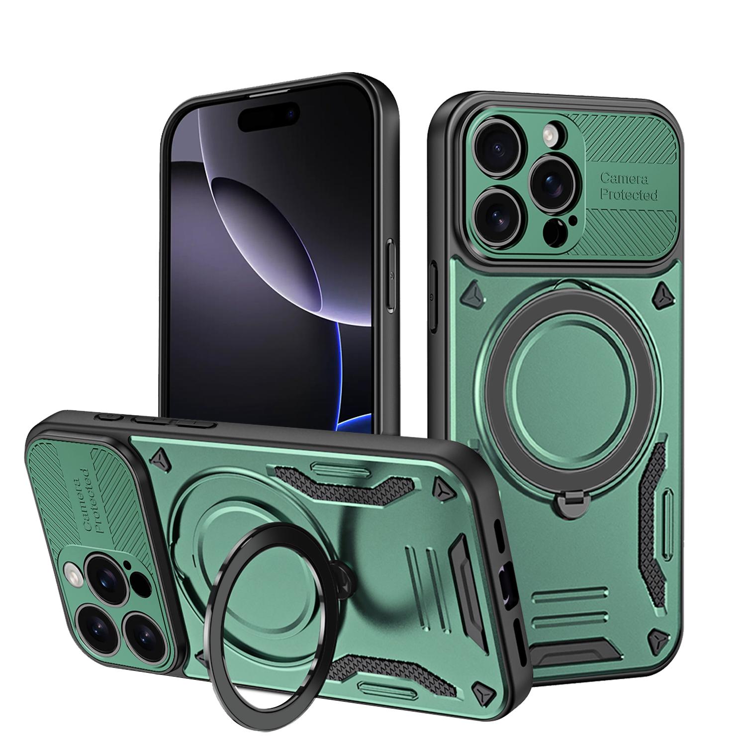 For iPhone 16 Pro Max MagSafe 2 in 1 TPU Phone Case with Rotating Holder(Green) - Shopkiz.com