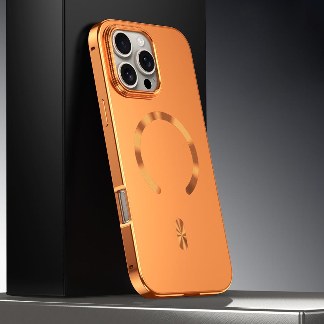 For iPhone 16 Pro Max Frosted Magnetic Shield MagSafe Alloy Metal Phone Case(Orange) - Shopkiz.com