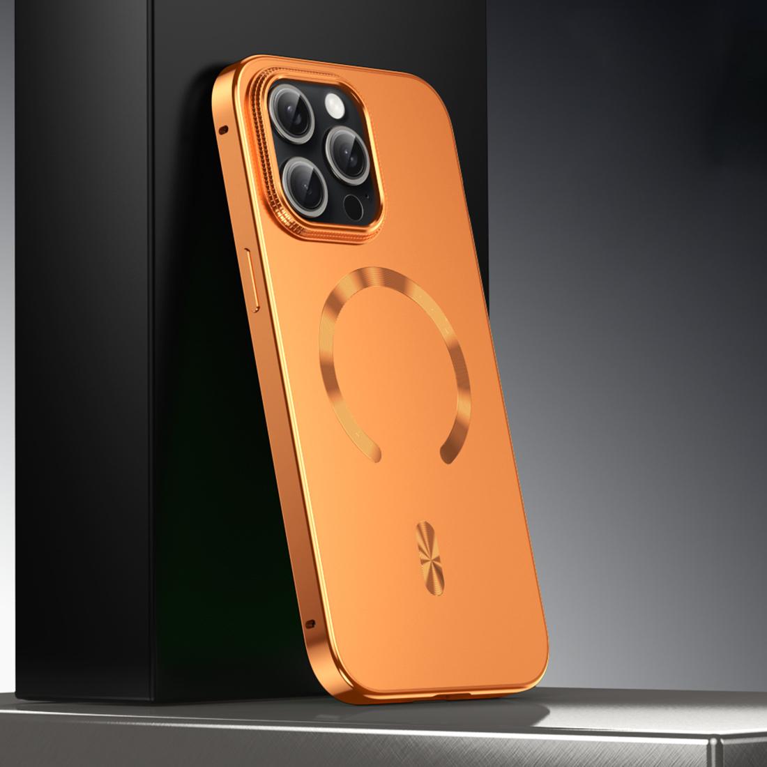 For iPhone 15 Pro Frosted Magnetic Shield MagSafe Alloy Metal Phone Case(Orange) - Shopkiz.com
