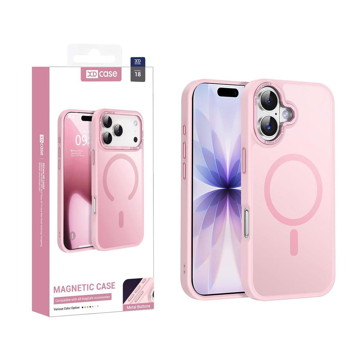 For iPhone 18 XDcase Metal Lens Frame Skin Feel Magnetic Phone Case(Pink) - Shopkiz.com