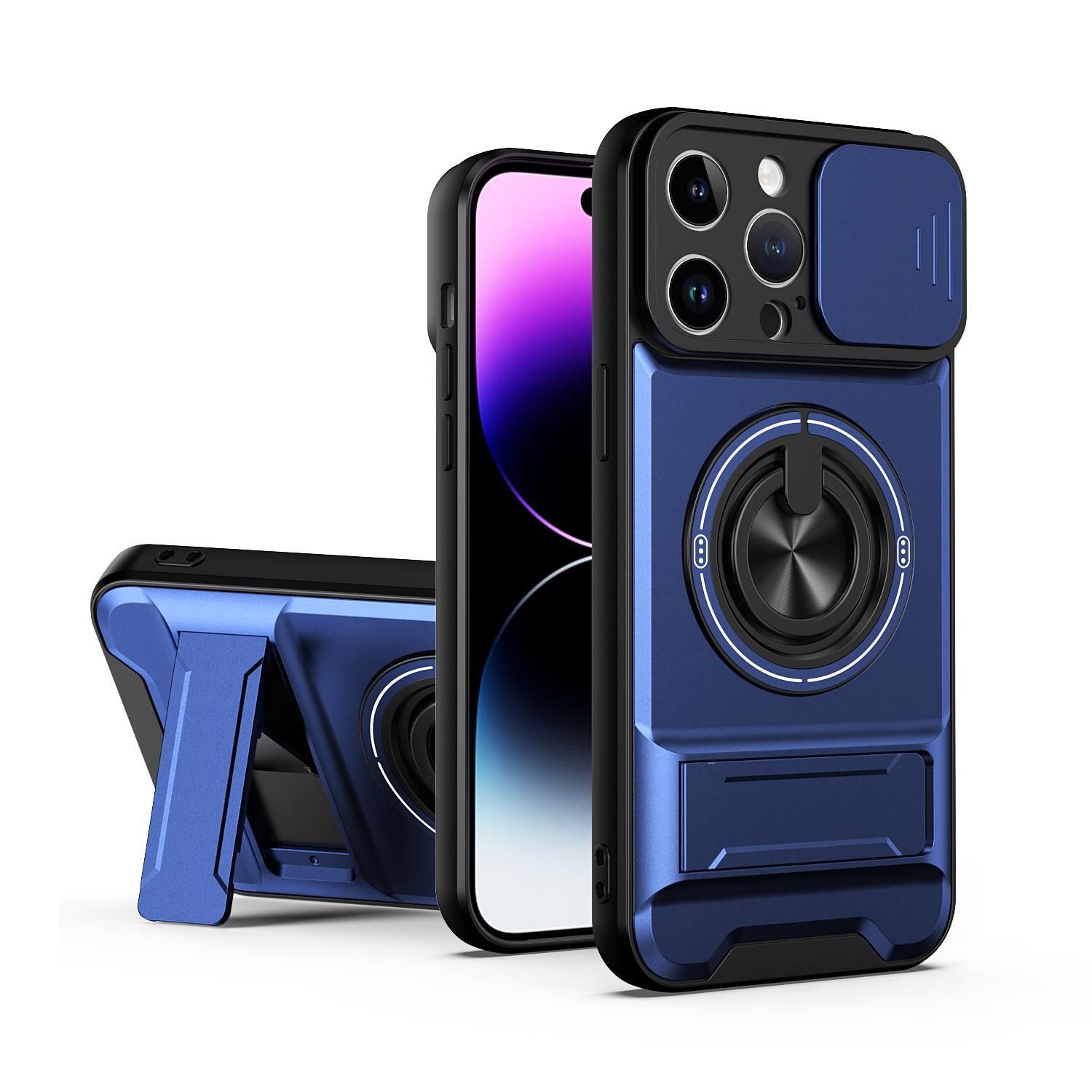 For iPhone 14 Pro Max Lens Sliding Window Multifunctional Magnetic Shockproof Phone Case(Royal Blue) - Shopkiz.com