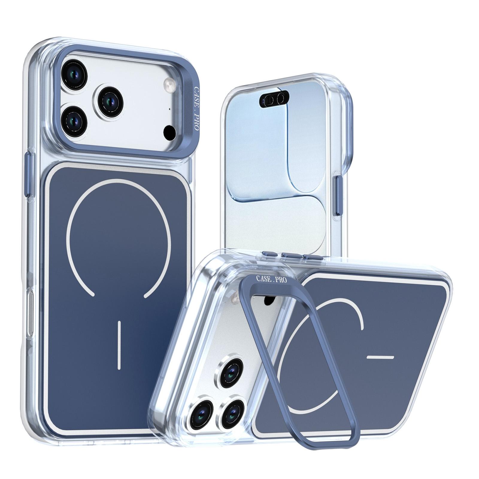 For iPhone 18 Pro Bright Color Blocking Camera Bracket Magnetic Phone Case(Blue) - Shopkiz.com