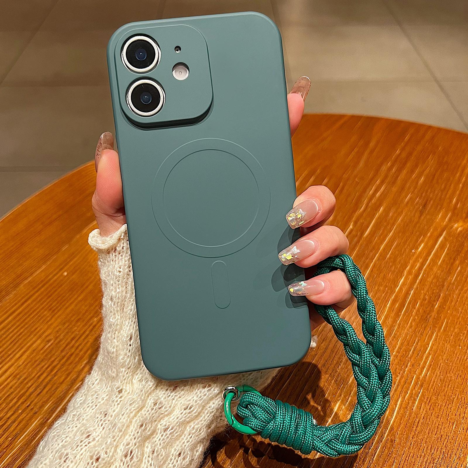 For iPhone 12 Solid Color Liquid Silicone Magnetic Phone Case with Lanyard(Dark Green) - Shopkiz.com