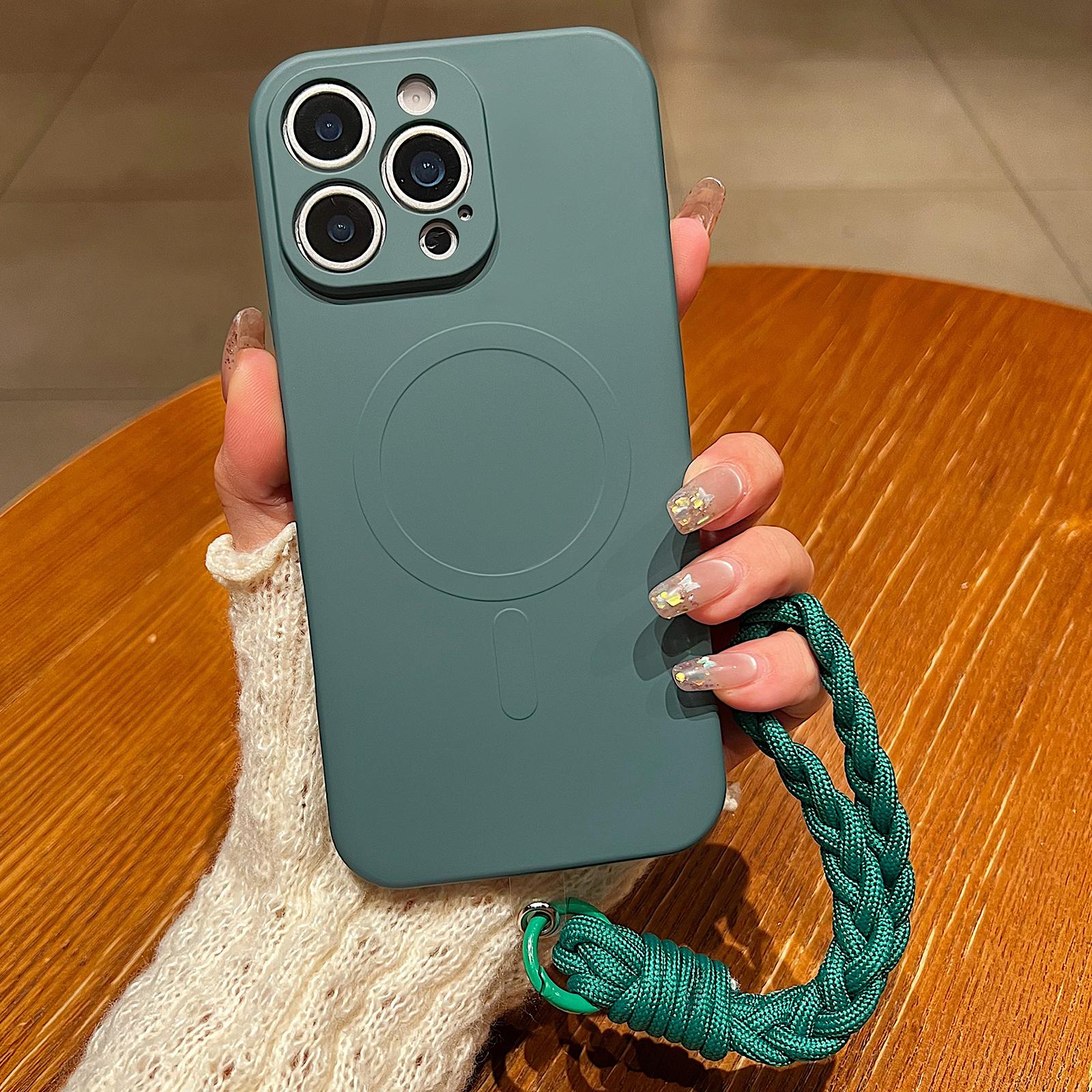 For iPhone 12 Pro Max Solid Color Liquid Silicone Magnetic Phone Case with Lanyard(Dark Green) - Shopkiz.com