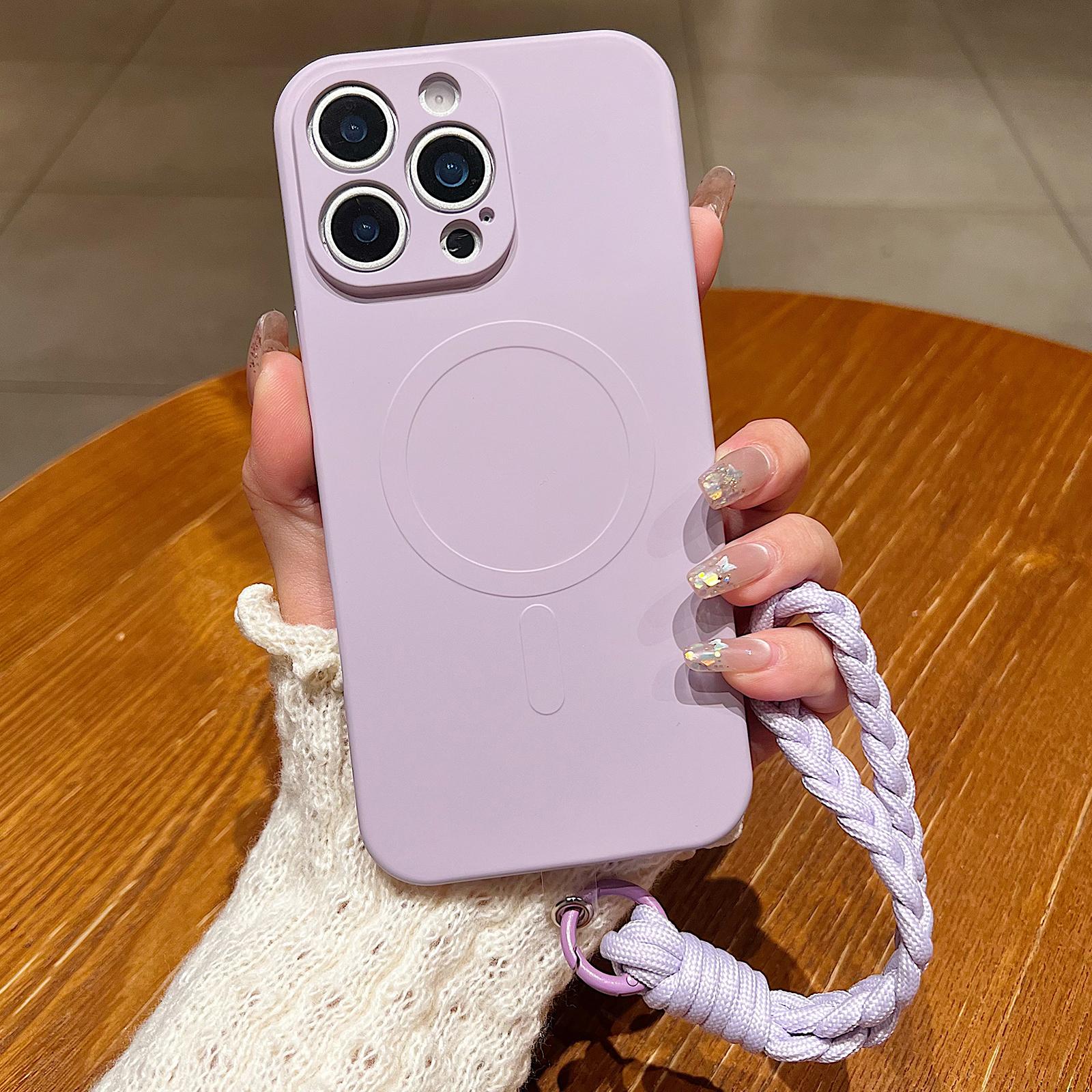 For iPhone 12 Pro Max Solid Color Liquid Silicone Magnetic Phone Case with Lanyard(Lilac) - Shopkiz.com