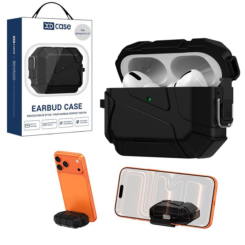 For AirPods Pro 2 / 1 XDcase Football-style Security Lock TPU Earbud Case with Hook & Holder(Black) - Shopkiz.com