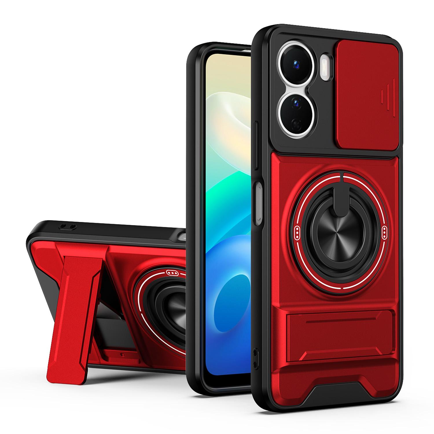 For vivo Y16 4G Lens Sliding Window Multifunctional Magnetic Shockproof Phone Case(Red) - Shopkiz.com