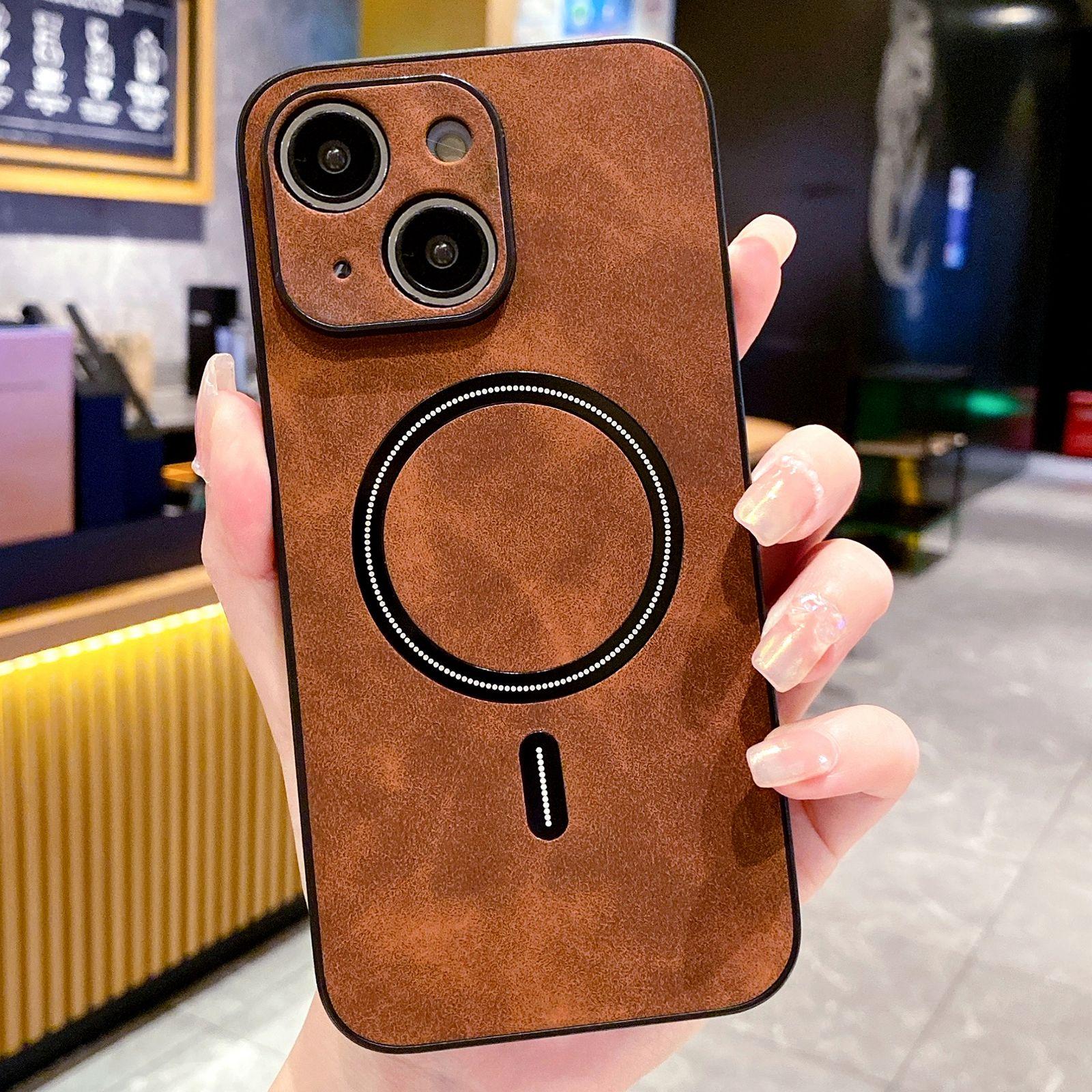 For iPhone 14 Plus Lambskin Faux Leather Magnetic Phone Case(Dark Brown) - Shopkiz.com